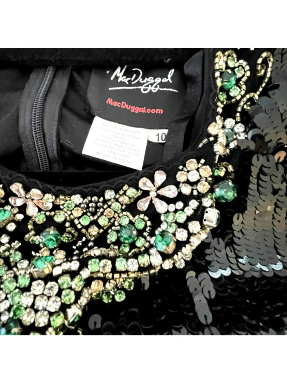 Mac Duggal Size 10 Emerald Rhinestone Necklace Black Sequin LS Maxi Gown Dress N - Picture 11 of 13